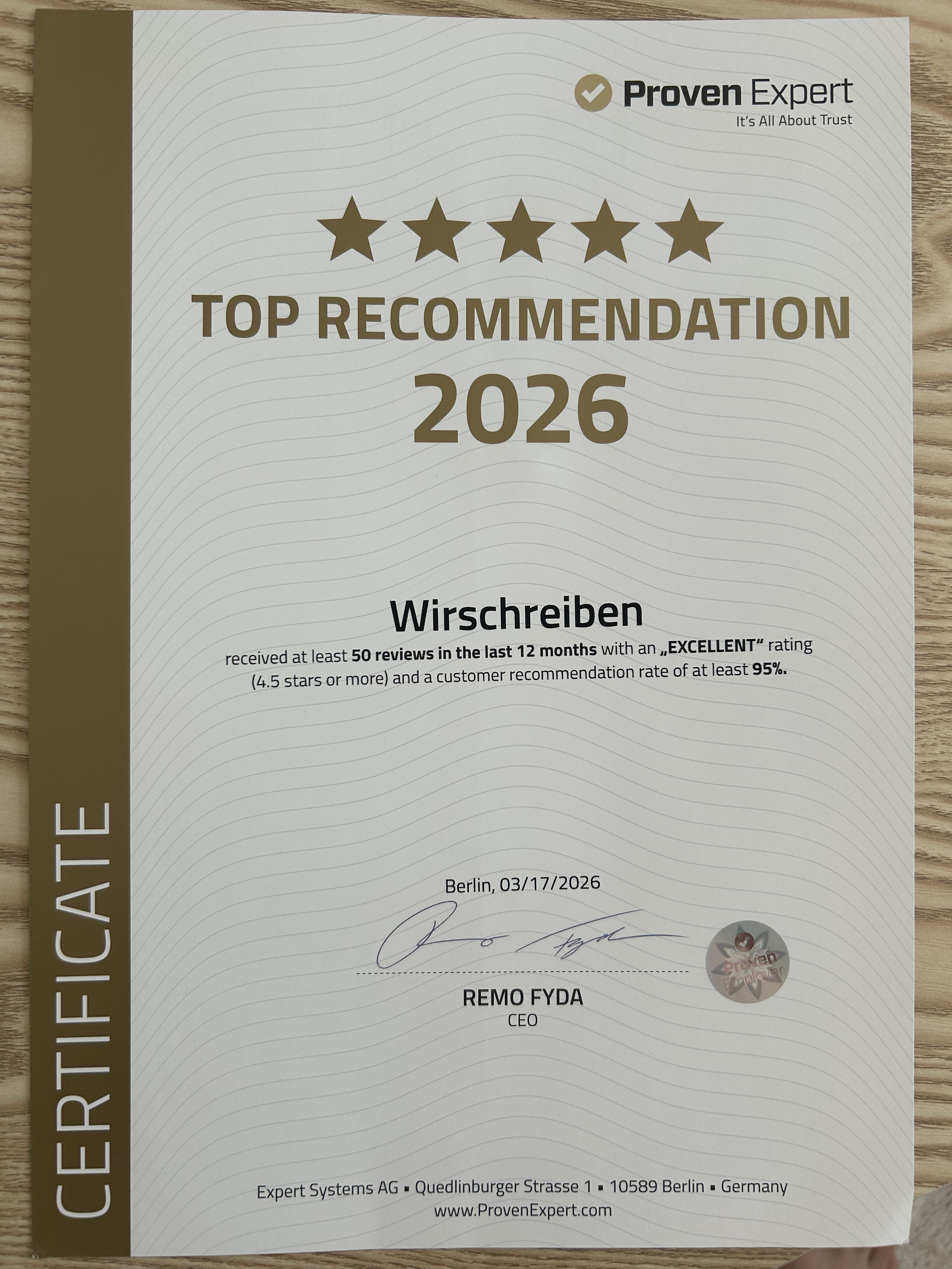 ProvenExpert Top Recommendation 2026 — WirSchreiben