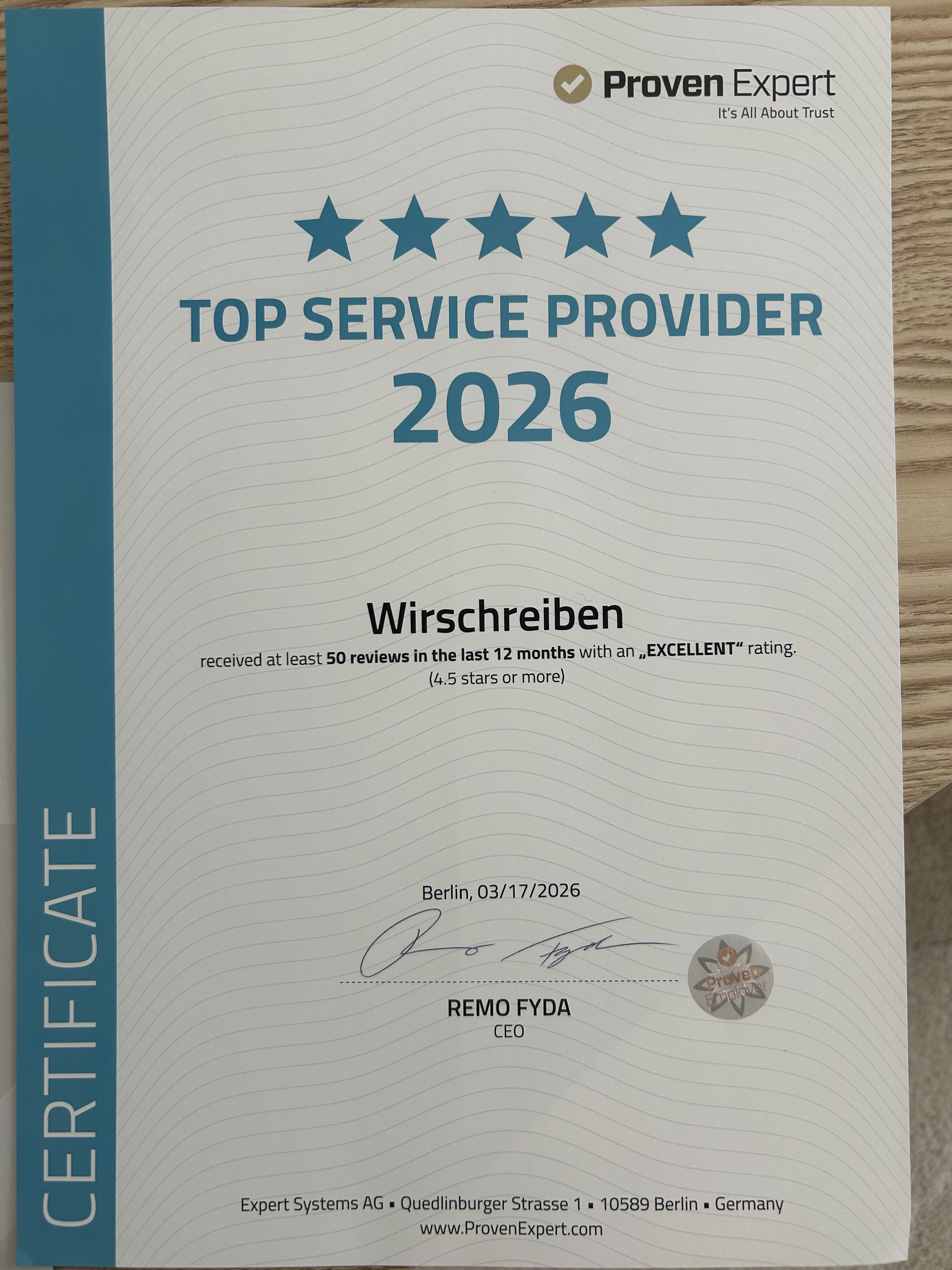 ProvenExpert Top Service Provider 2026 — WirSchreiben